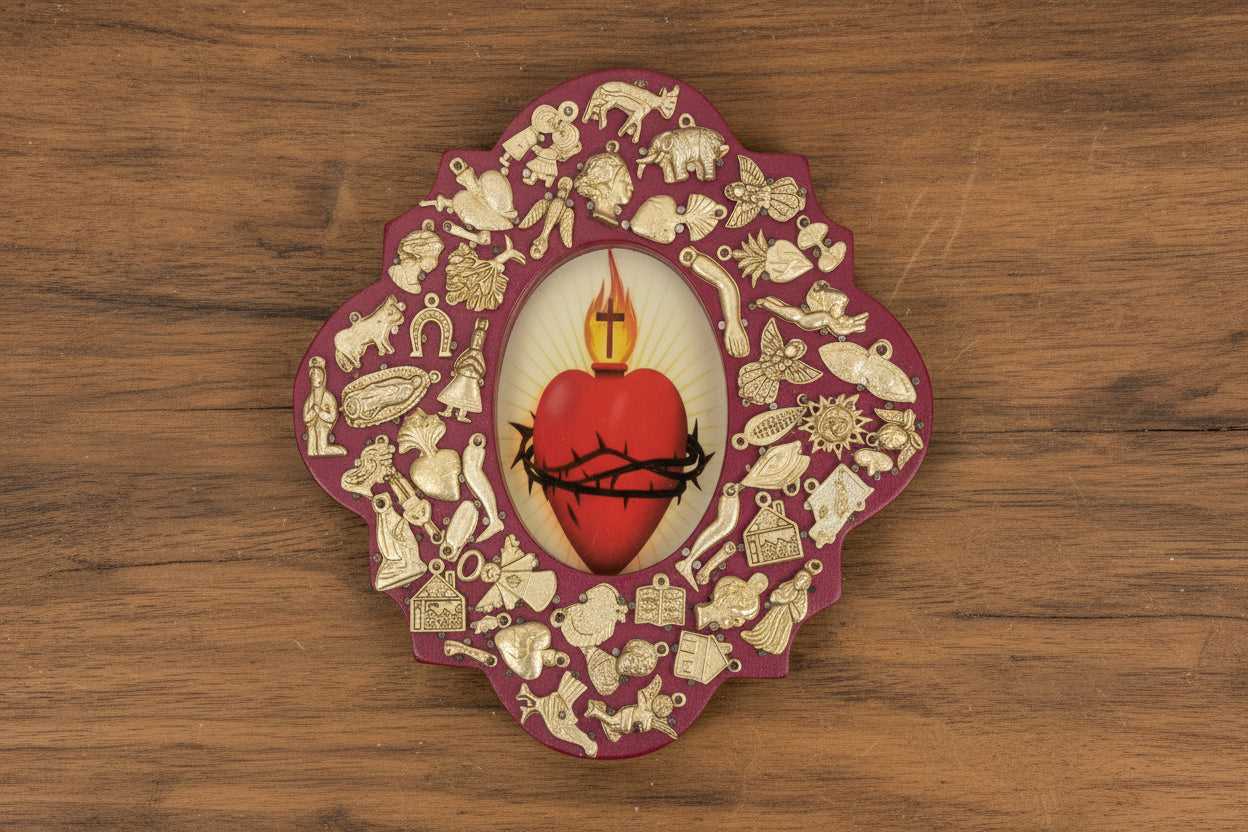 Wooden Medallion with Milagros featuring the Sacred Heart