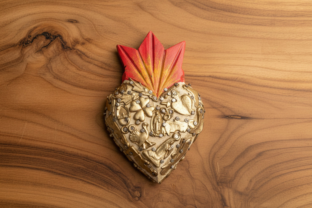 Wooden Sacred Heart with Milagros