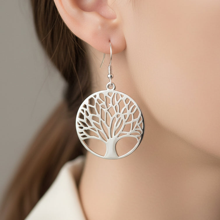 New Hollow Carved Round Tree Silver Color Earrings