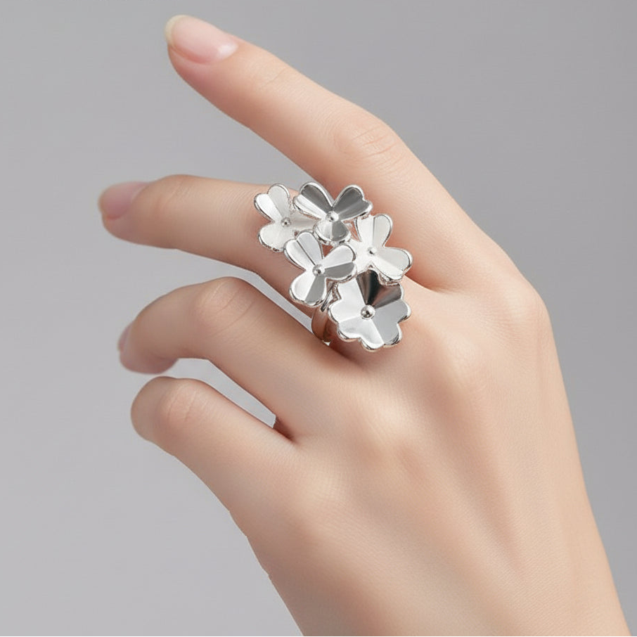 Silver Color Flowers Ring