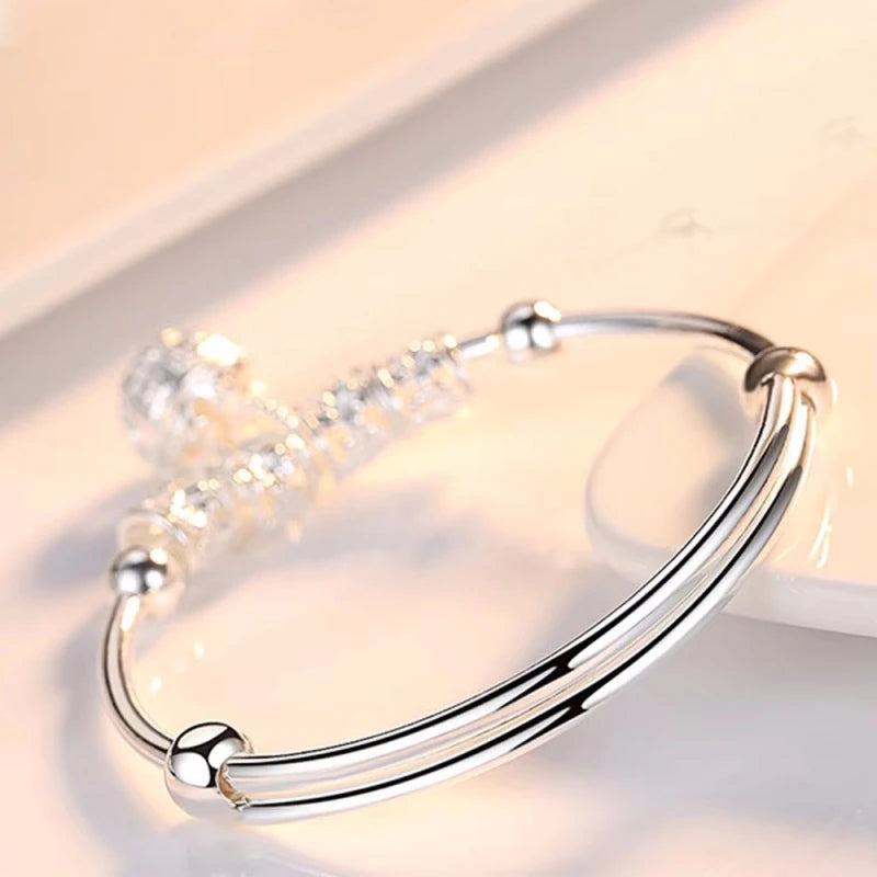 Fine 925 Sterling Silver Hollow Bells Ball Bangles Adjustable Bracelets for Women
