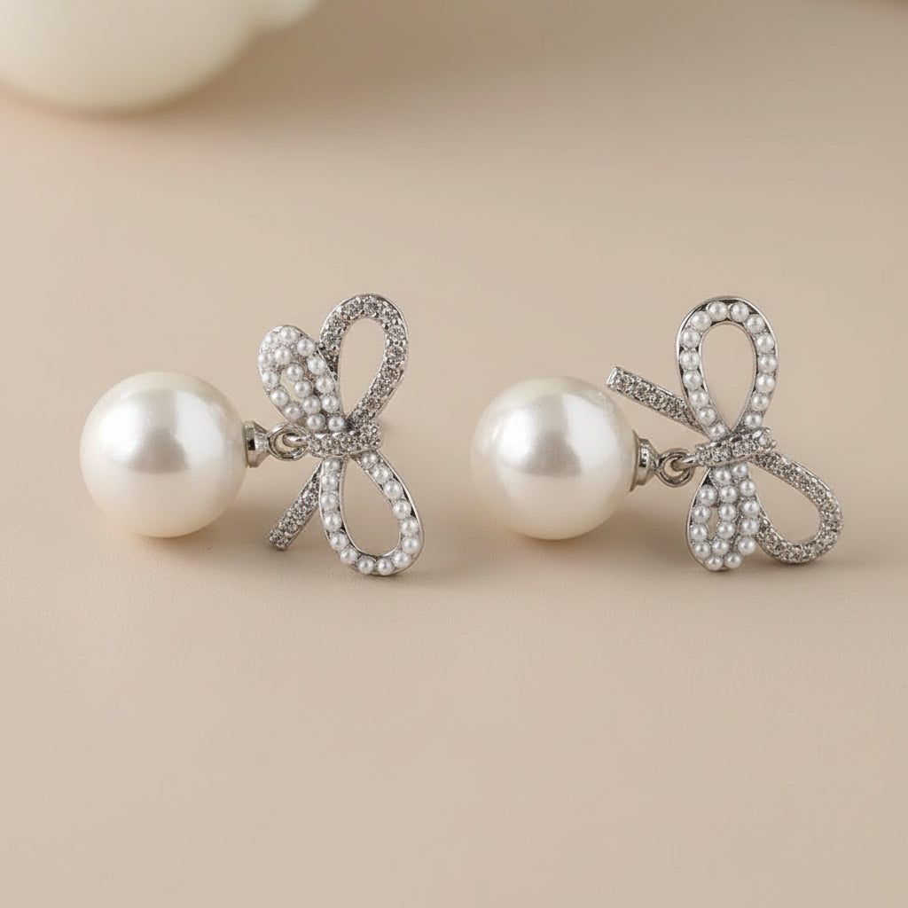French Retro Zircon Bow Pearl Earrings