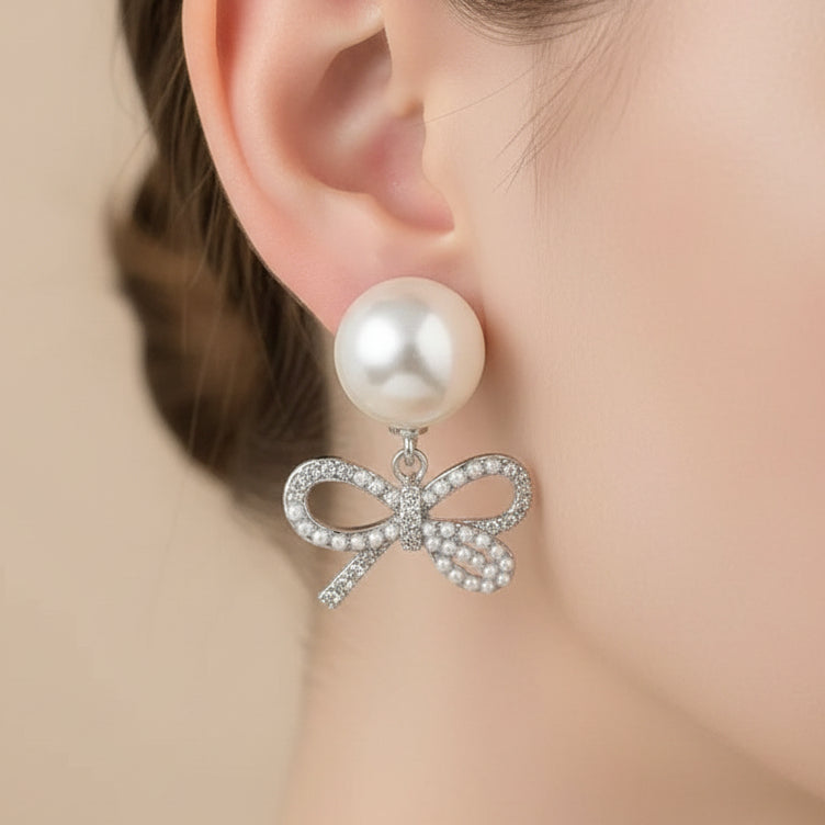 French Retro Zircon Bow Pearl Earrings