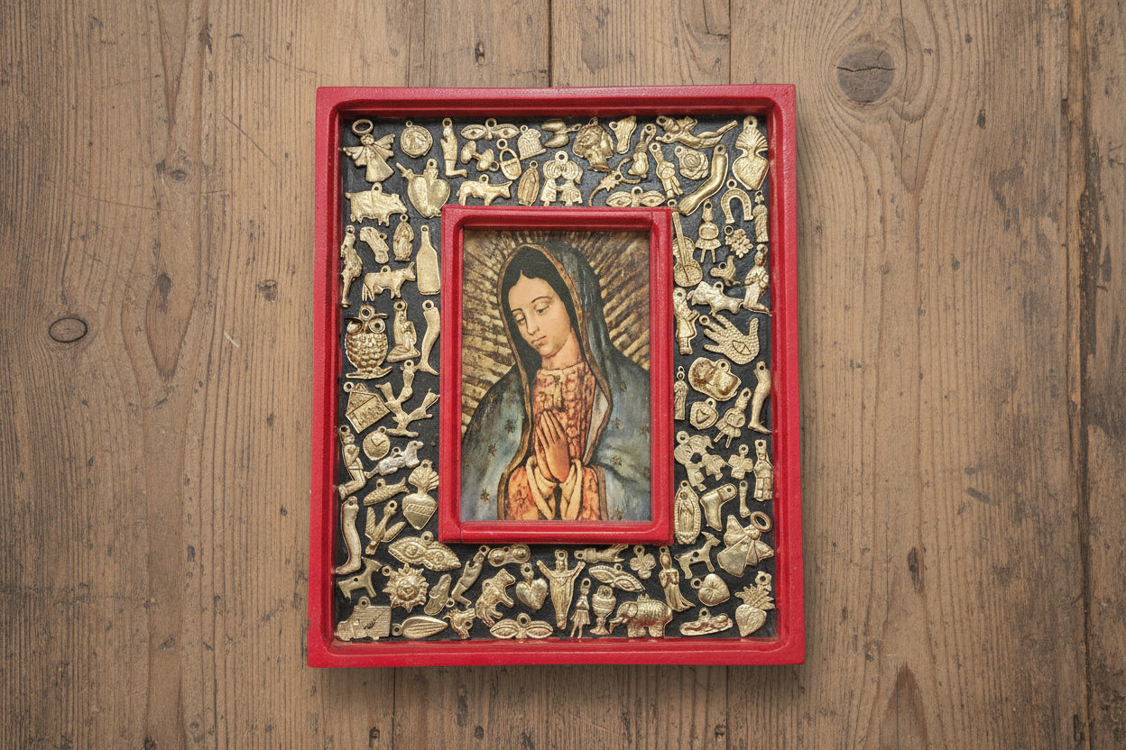 Wooden Frame with Milagros featuring Our Lady of Guadalupe