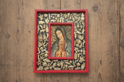 Wooden Frame with Milagros featuring Our Lady of Guadalupe