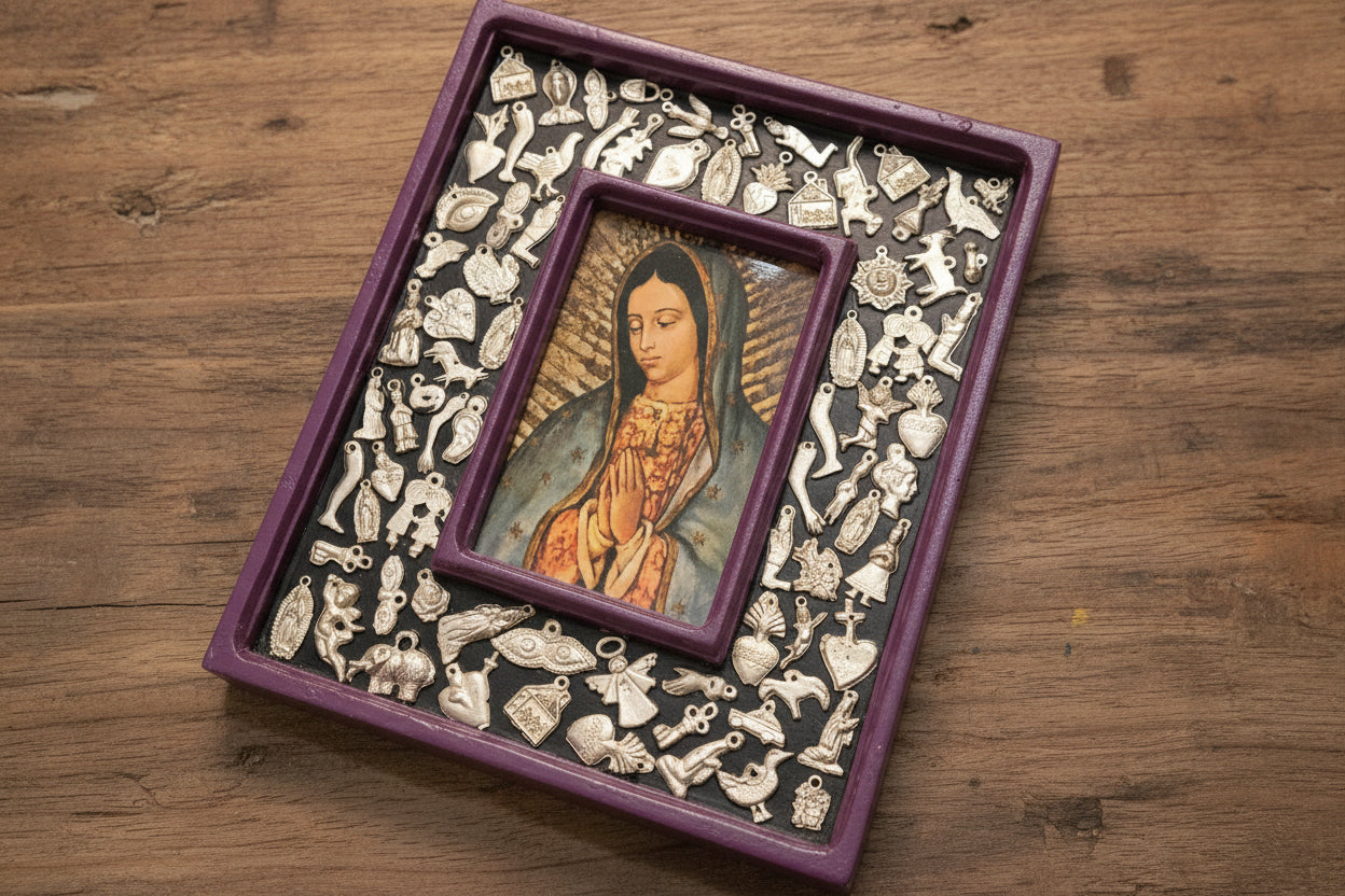 Wooden Frame with Milagros featuring Our Lady of Guadalupe