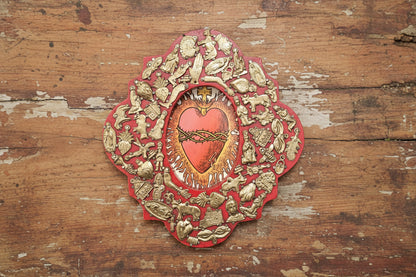 Wooden Medallion with Milagros featuring the Sacred Heart