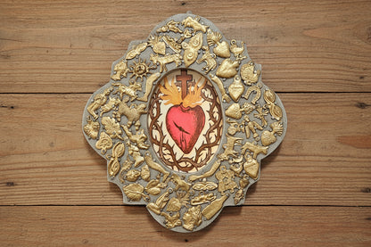 Wooden Medallion with Milagros featuring the Sacred Heart