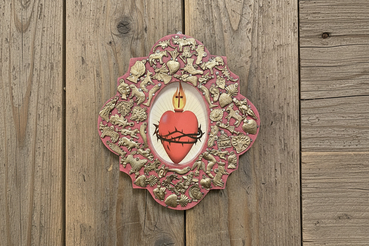 Wooden Medallion with Milagros featuring the Sacred Heart