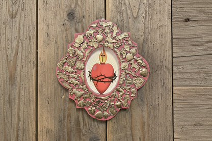 Wooden Medallion with Milagros featuring the Sacred Heart