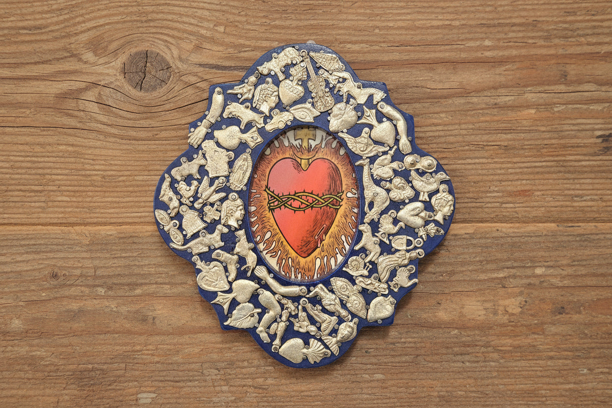 Wooden Medallion with Milagros featuring the Sacred Heart