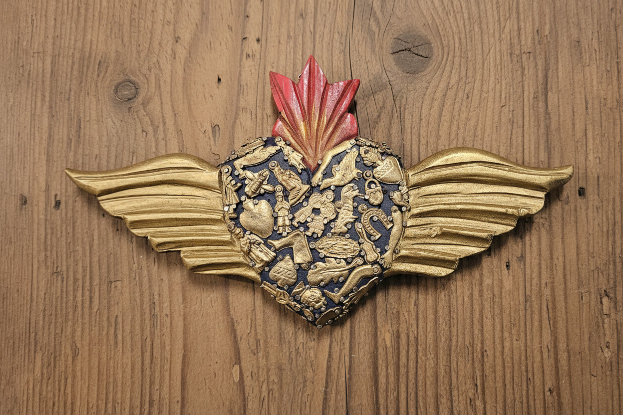 Large wooden Heart with Wings and Milagros