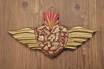 Large wooden Heart with Wings and Milagros