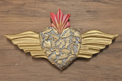 Large wooden Heart with Wings and Milagros