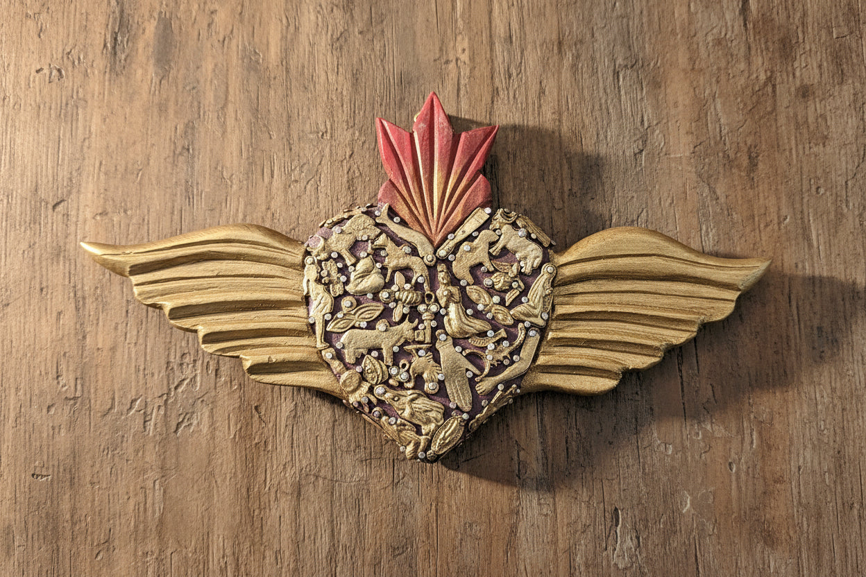 Large wooden Heart with Wings and Milagros