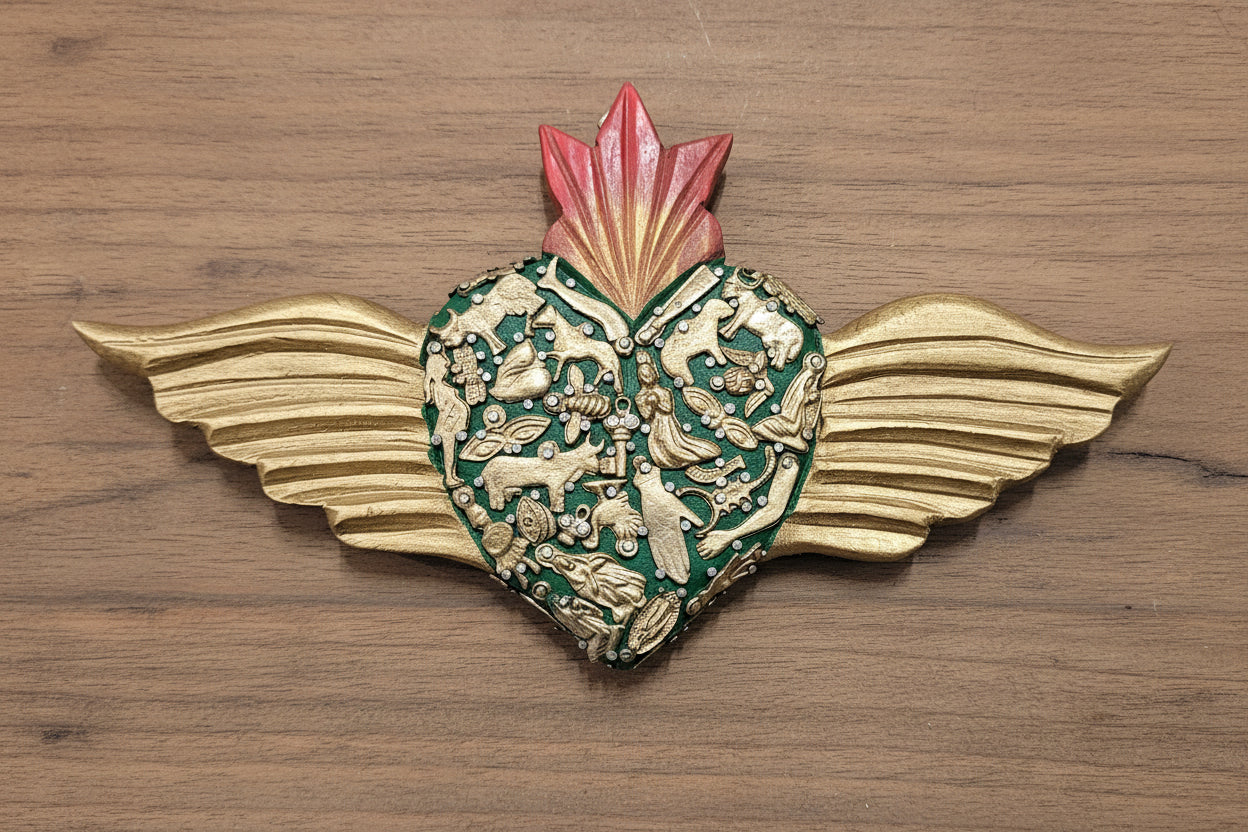Large wooden Heart with Wings and Milagros