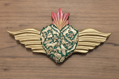 Large wooden Heart with Wings and Milagros