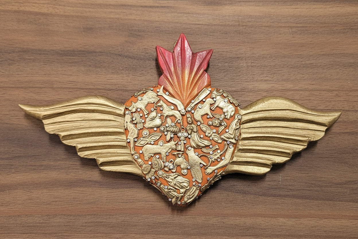 Large wooden Heart with Wings and Milagros