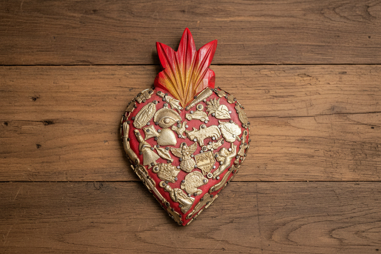 Wooden Sacred Heart with Milagros