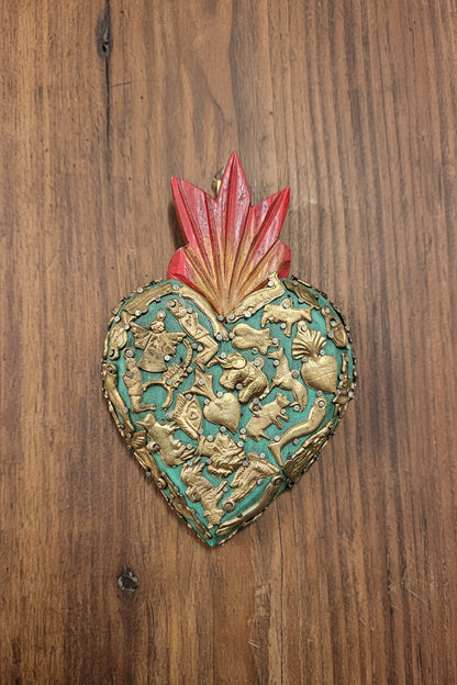 Wooden Sacred Heart with Milagros