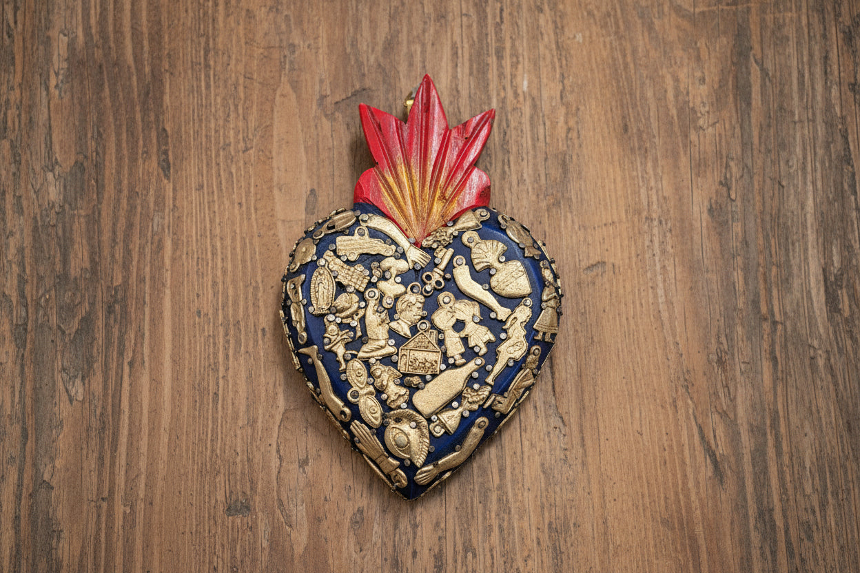 Wooden Sacred Heart with Milagros
