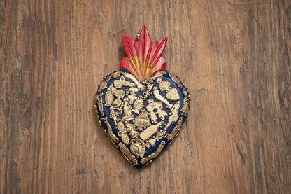 Wooden Sacred Heart with Milagros