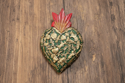 Wooden Sacred Heart with Milagros
