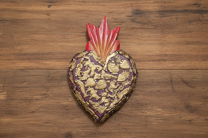 Wooden Sacred Heart with Milagros