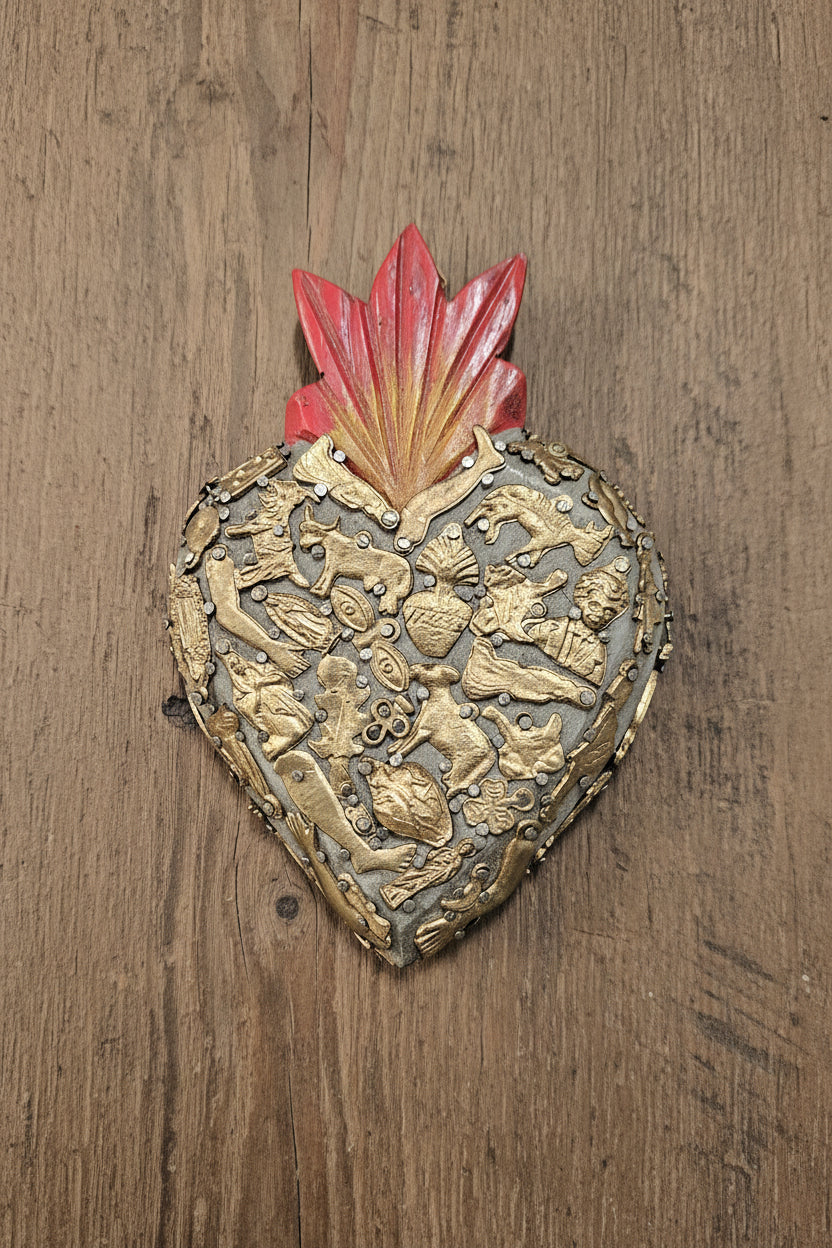 Wooden Sacred Heart with Milagros