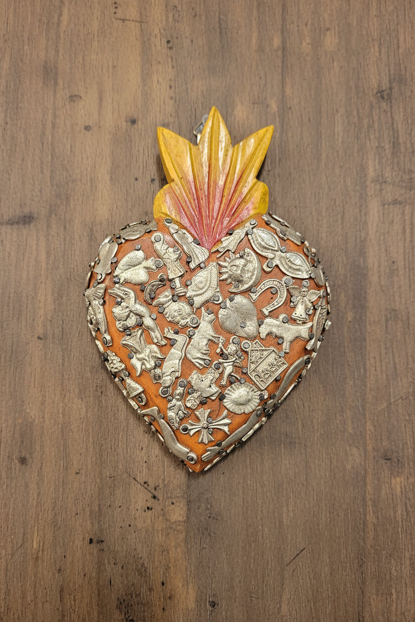 Wooden Sacred Heart with Milagros