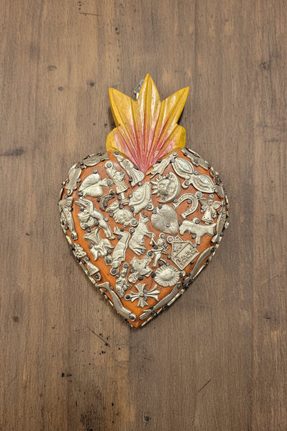 Wooden Sacred Heart with Milagros