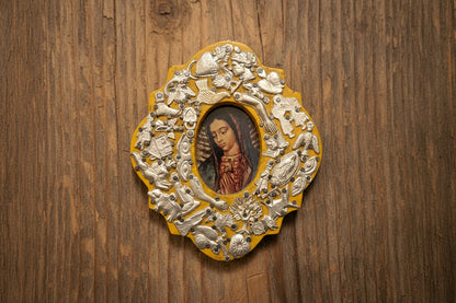 Wooden Medallion with Milagros featuring the Sacred Heart