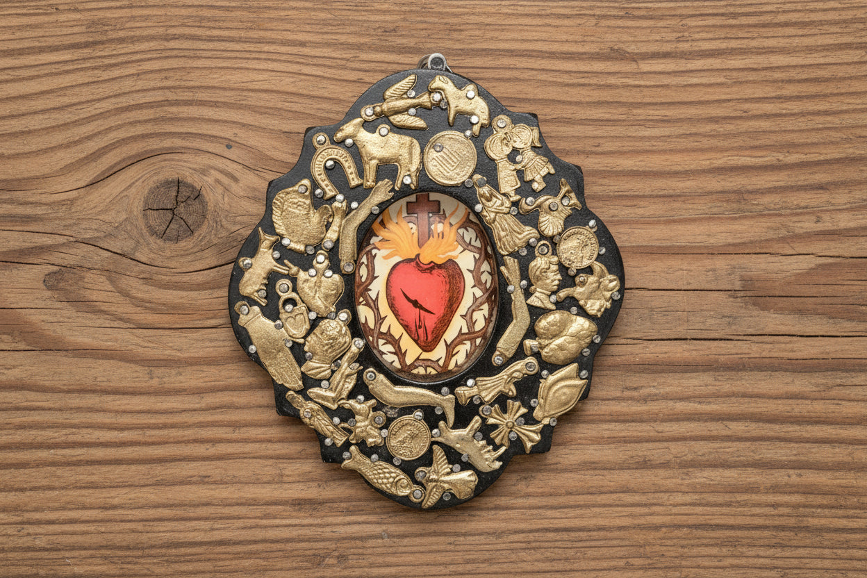 Wooden Medallion with Milagros featuring the Sacred Heart