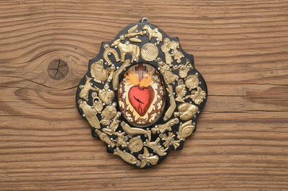 Wooden Medallion with Milagros featuring the Sacred Heart