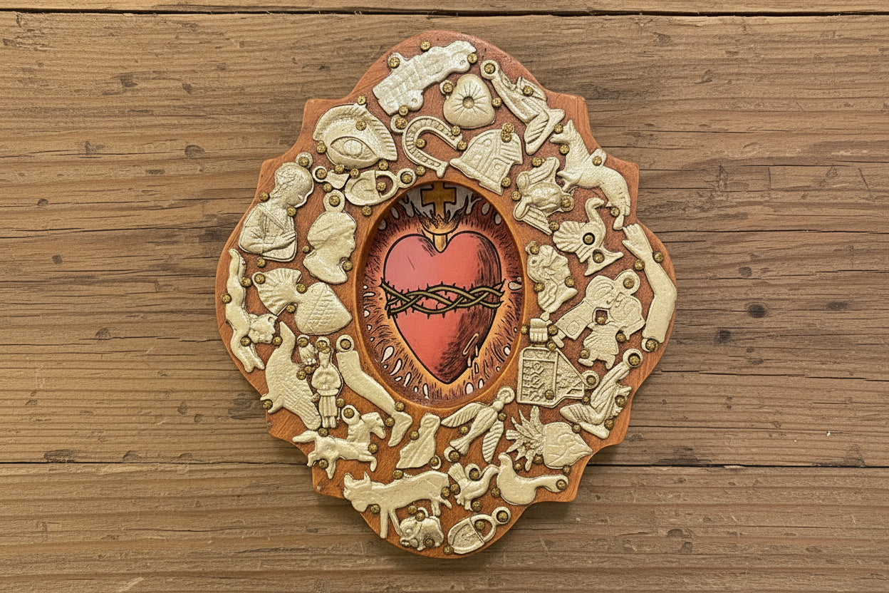 Wooden Medallion with Milagros featuring the Sacred Heart