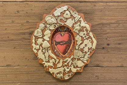 Wooden Medallion with Milagros featuring the Sacred Heart