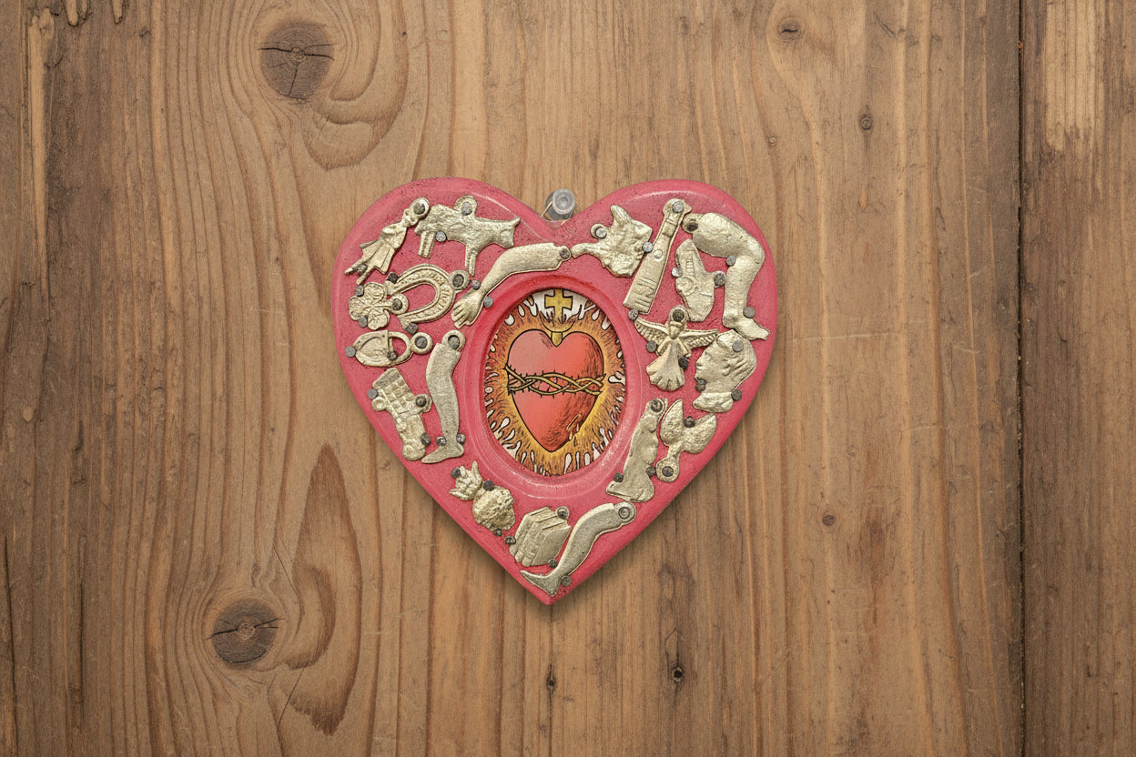 Wooden Heart with Milagros featuring the Sacred Heart