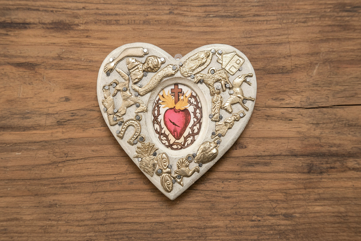 Wooden Heart with Milagros featuring the Sacred Heart