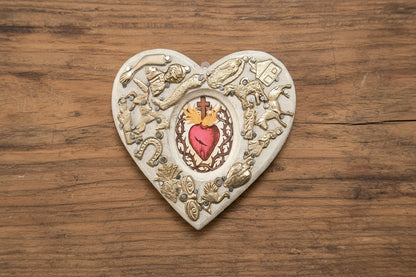 Wooden Heart with Milagros featuring the Sacred Heart