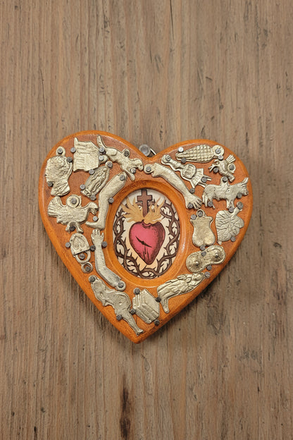 Wooden Heart with Milagros featuring the Sacred Heart