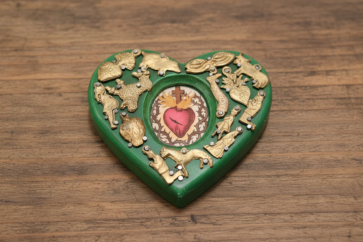 Wooden Heart with Milagros featuring the Sacred Heart