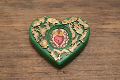 Wooden Heart with Milagros featuring the Sacred Heart