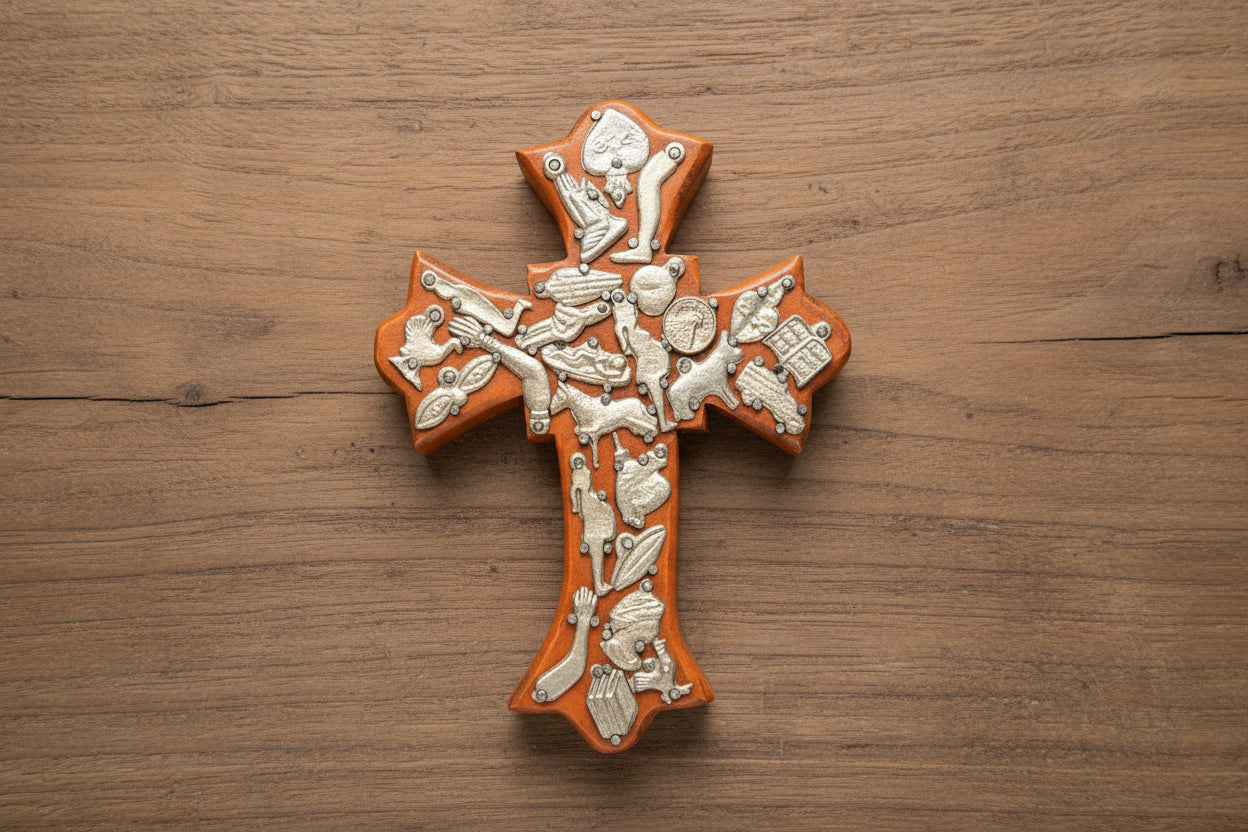 Crown Medium Wooden Cross with Milagros