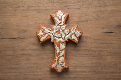 Crown Medium Wooden Cross with Milagros