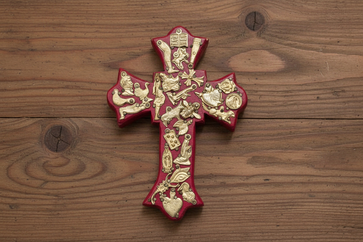 Crown Medium Wooden Cross with Milagros