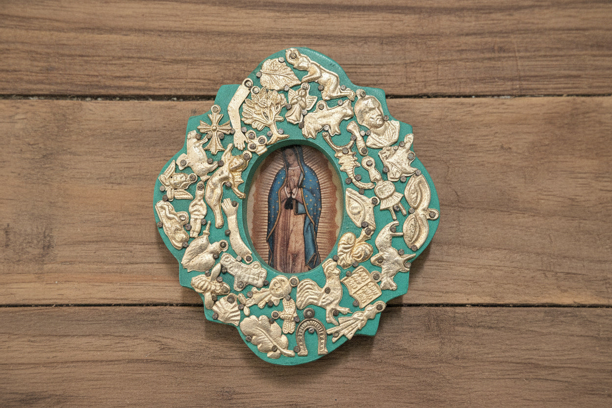 Wooden Medallion with Milagros featuring the Sacred Heart