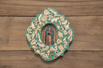 Wooden Medallion with Milagros featuring the Sacred Heart