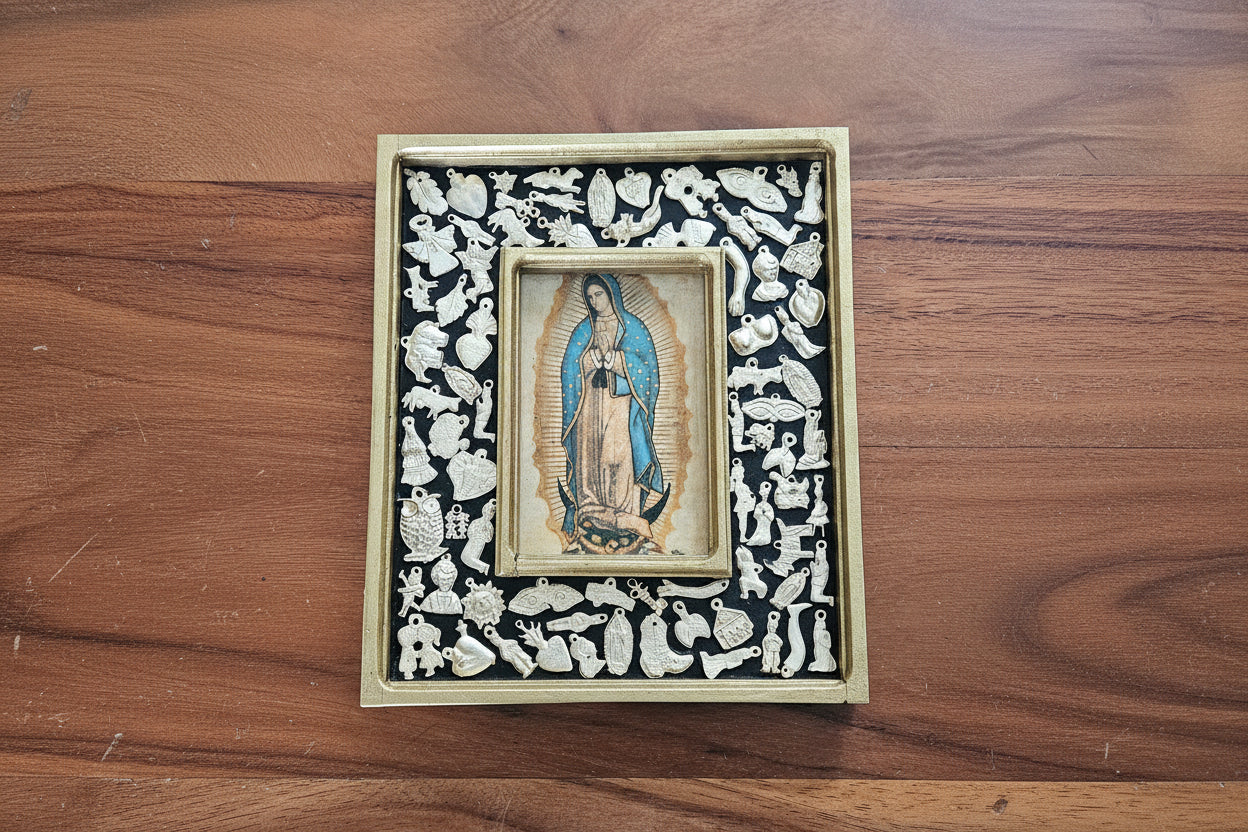 Wooden Frame with Milagros featuring Our Lady of Guadalupe