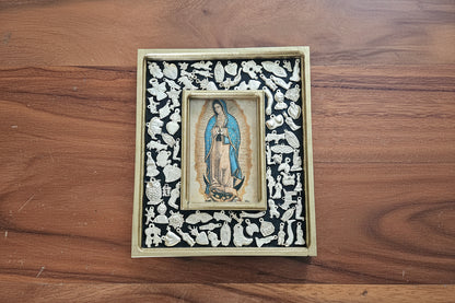 Wooden Frame with Milagros featuring Our Lady of Guadalupe
