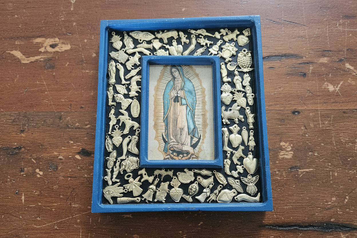 Wooden Frame with Milagros featuring Our Lady of Guadalupe